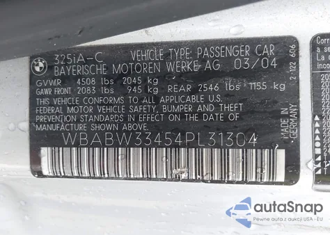 2004 BMW 325Ci из США, поврежденный, VIN WBABW33454PL31304